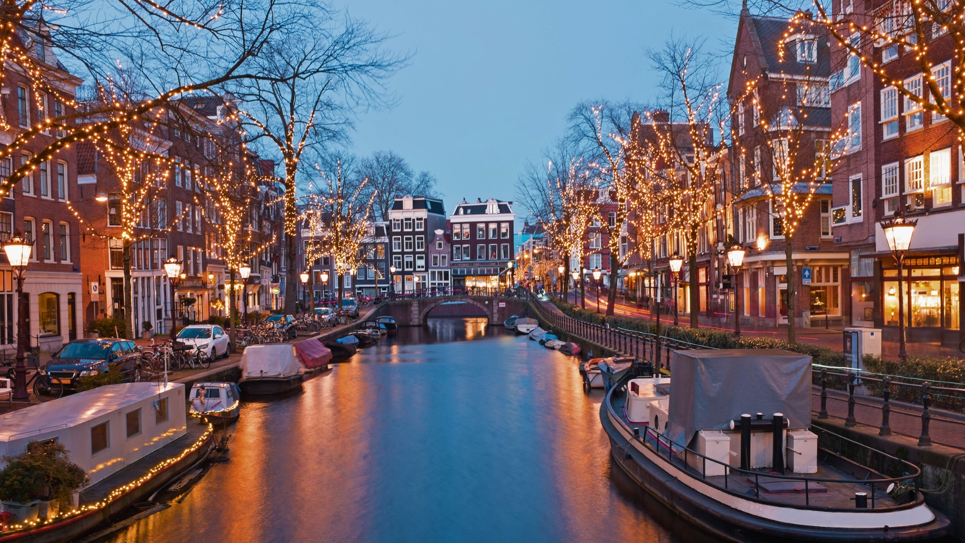 Christmas time in Amsterdam the Netherlands at dusk