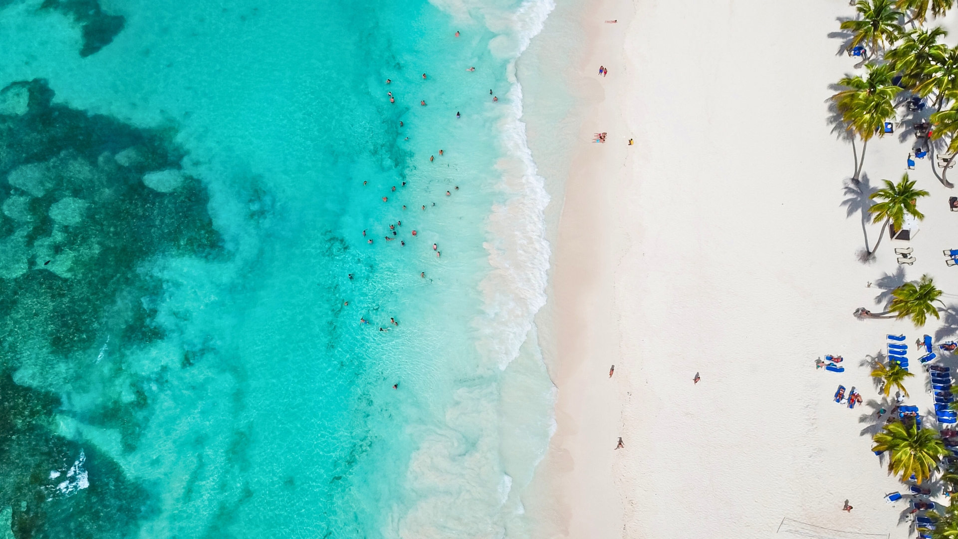 Incredible view of the white sandy beach from a bird's eye view. Top view of beautiful white sand beach with turquoise sea water and palm trees, aerial drone shot