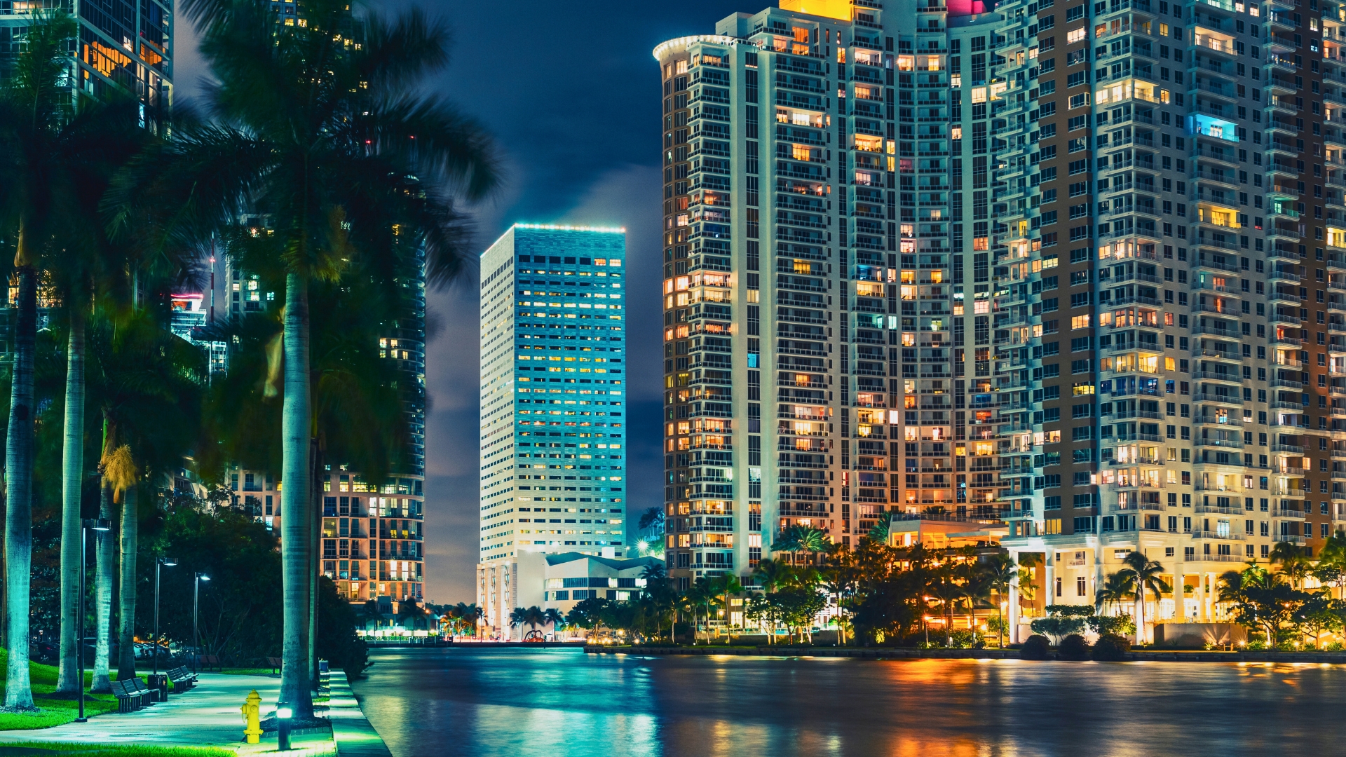 The Miami City Viewed from Miami River at Night